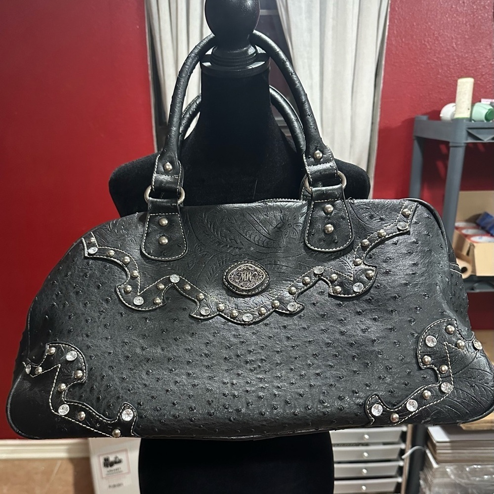 Montana West Black Ostrich Embossed Satchel Rhinestone Studded Western Purse